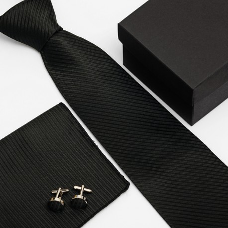 Dárková sada černá kravata, kapesníček a manžetové knoflíčky SNT0031