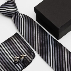 Dárková sada černá kravata, kapesníček a manžetové knoflíčky SNT0033