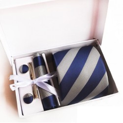 Dárková sada šedá kravata, kapesníček, manžetové knoflíčky a kravatová spona